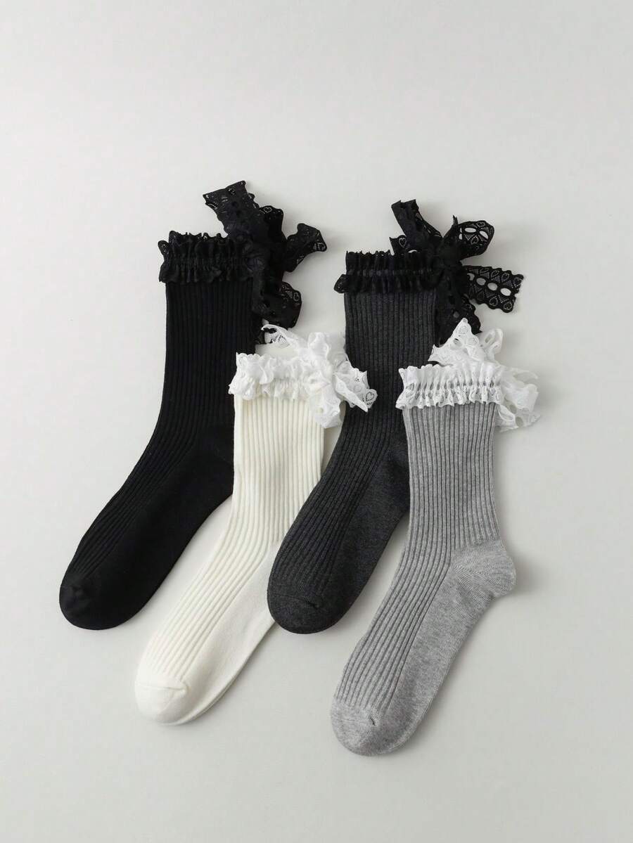 1双日式甜美蕾丝边饰长袜，蝴蝶结系带纯色芭蕾长袜，女士款 - 彩色 - 查看 1