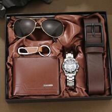 5pcs Men's Watch Set Luxury Gift Box - Brown Leather Wallet + Business Wristwatch + Pilot Style Sunglasses + Belt + Keychain, Ideal Gift For Boyfriend, Husband, Father On Valentine's Day, Father's Day, New Year - Silver - View 2