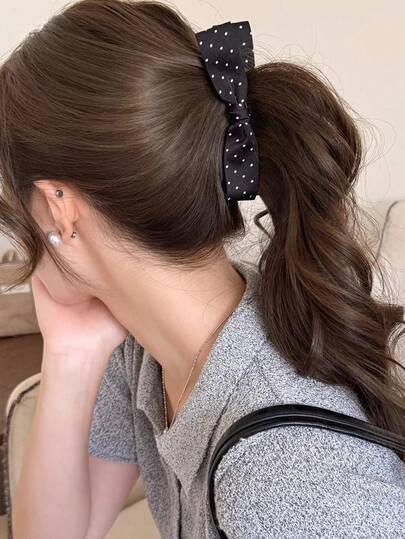 1pc Women's Simple Polka Dot Bow Banana Hair Clip, Elegant Fashion Hair Accessory, Suitable For Thick Hair, Versatile For Daily, Travel, Photo Shoot, Decorative Hairpin, Head Accessories, Hair Accessories For Women