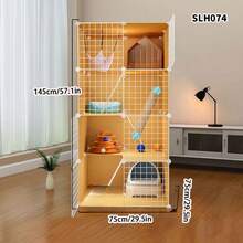 Yellow Cat Cage, Wooden Cat Villa, Freestanding Pet Cage With Iron Wire, Home Cat House