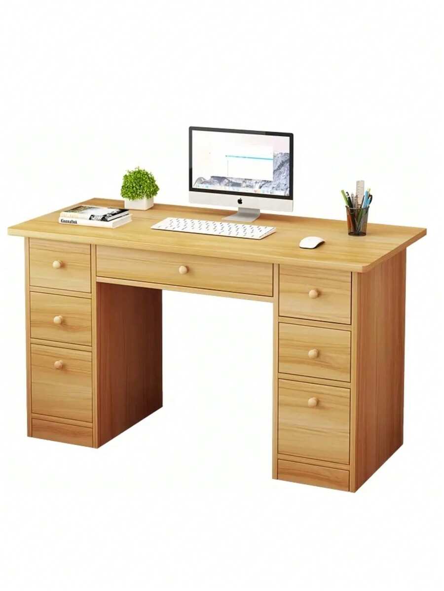 Escritorio Con 7 Cajones Baal Melamina De 140x50x75cm,Escritorio Minimalista, Fácil Armado, con Estructura Resistente - Marrón claro - Ver 1