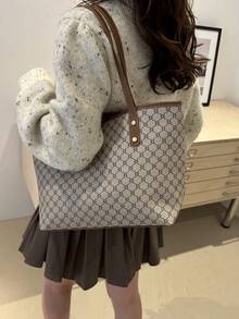 1 pieza Bolso pequeño con correa de PU con cremallera, bolso de hombro de alta calidad, bolso de gran capacidad para ir a la universidad o de viaje - Caqui - Ver 4