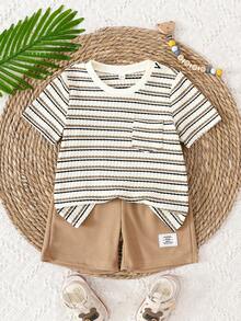 2pcs/Set Young Boy Casual Striped Jacquard Short Sleeve Crew Neck T-Shirt And Shorts Set, Suitable For Toddler Boys' Everyday Casual Outfits In Spring/Summer - Khaki - View 1