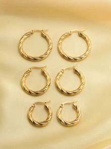 6 Pieces Of Exaggerated Retro-Style Golden Women's Round Diagonal Stainless Steel Earrings, Simple And Individual, Non-Fading Ear Ring Set