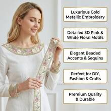 1/5 Yard eleganter, floraler, paillettenbestickter Spitzenbesatz mit goldfarbener Metallkante, transparentes Nähband, geeignet für Brautkleider, Taschen, DIY-Basteleien, Vorhangbänder, Ramadan-Bekleidung, Geschenkverpackung - mehrfarbig - Übersicht 5