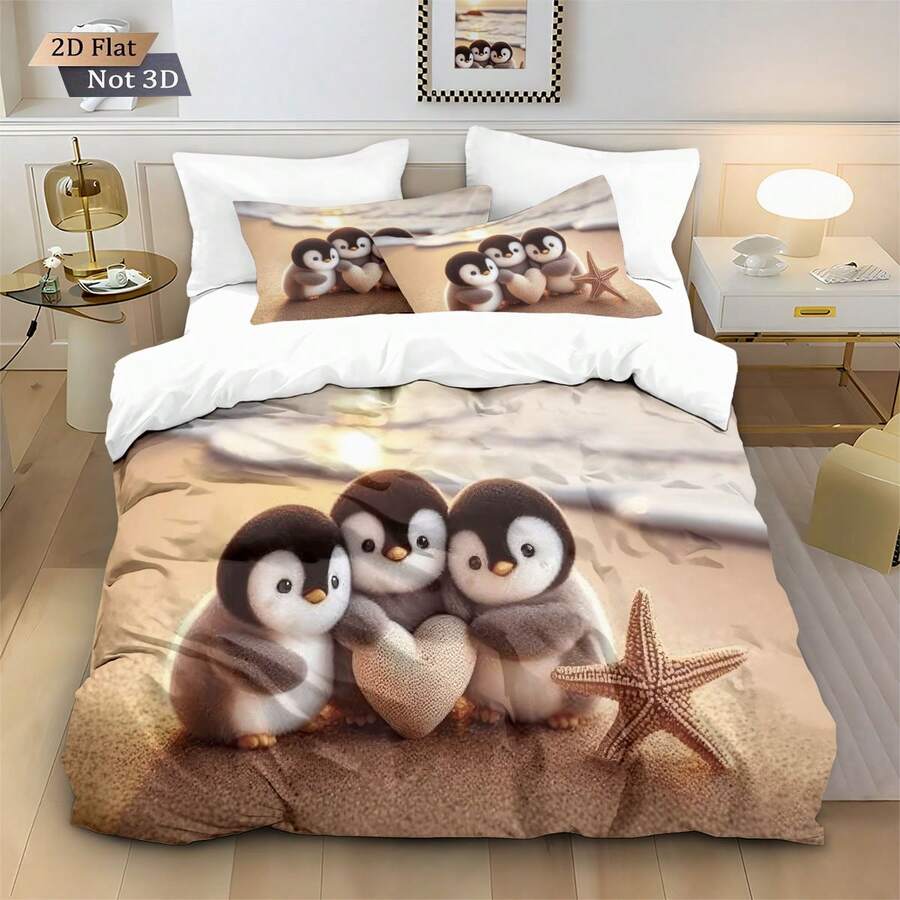 三件套（1个被套，2个枕套，不含填充物），可爱沙滩企鹅图案印花床上用品套装，柔软舒适，卧室装饰，适合全屋使用，简约高端，拉链封口，可机洗，精美礼品 - 7465+SJT+W - 查看 1