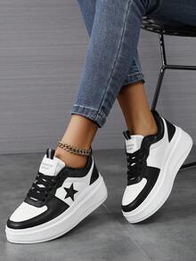 Fashion Casual Women's Flat Platform Shoes Classic Stylish Women's Lace-Up Athletic Skateboard Sneakers Women's Casual Thick Sole Sneakers - Black - View 1