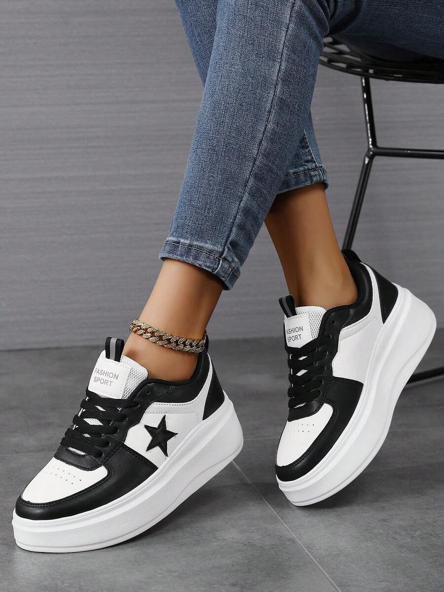 Fashion Casual Women's Flat Platform Shoes Classic Stylish Women's Lace-Up Athletic Skateboard Sneakers Women's Casual Thick Sole Sneakers - Black - View 1