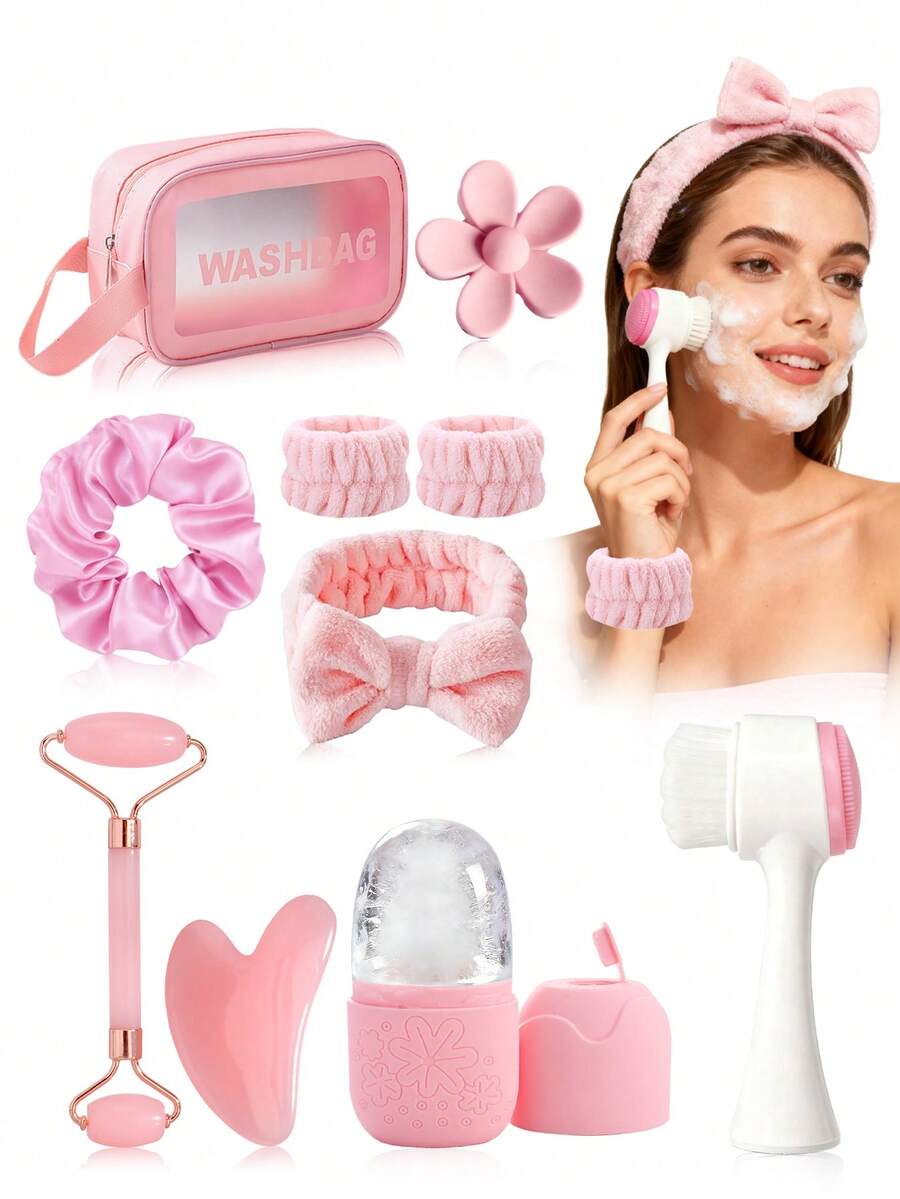 3/5/6/10pcs/Set Facial Beauty Massage Tools Cleansing Kit - Roller, Scraper, Brush, Hair Band, Wristband, Hair Clips, Hair Ties, Toiletry Bag, Bulk Grooming Tools Set - Multicolor - View 1