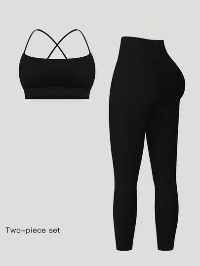  MFVIM Women's Black Sports Bra And Leggings Set, 2-Piece Casual Workout Outfit With Criss-Cross Back Design, Tight Waistband For Shaping, Breathable And Comfortable, Suitable For Daily Casual, Outdoor, Running, Cycling, Yoga, Pilates, Gym Workout