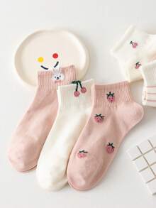 5 Pairs Women's Non-Slip Short Socks With Pink Cherry And Strawberry Patterns, Suitable For All Seasons