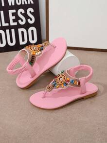 A Pair Of Fashionable Children's Bright Diamond Sandals, Children's Beach Sandals, Bohemian Style, Sandals, Hand-Stitched Diamond Sandals - Pink - View 5