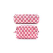 ZLFSRQ 2Pcs Checkered Pencil Case Cute Pencil Pouch For Teens Pink Checkered Makeup Bag Travel Cosmetic Bag Set Cute Preppy Makeup Pouch For Purse Portable Zippered Skincare Toiletry Bags Organizer - BH-格子圖案2件裝,粉紅色和白色混色 - 查看 1