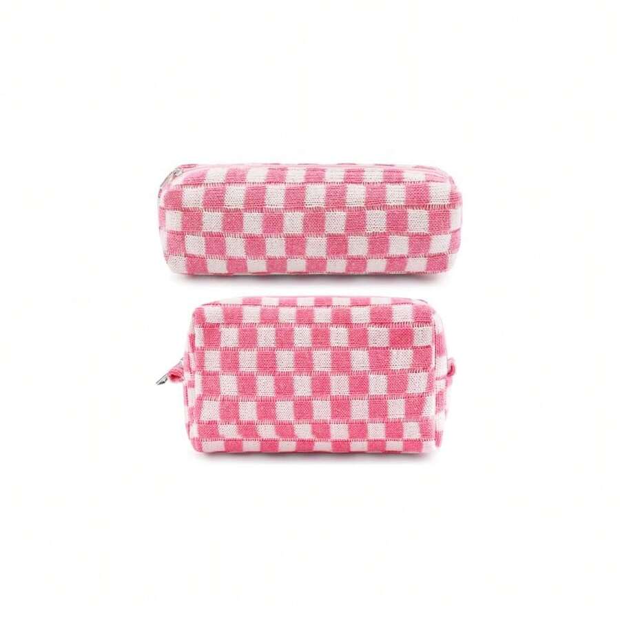 ZLFSRQ 2Pcs Checkered Pencil Case Cute Pencil Pouch For Teens Pink Checkered Makeup Bag Travel Cosmetic Bag Set Cute Preppy Makeup Pouch For Purse Portable Zippered Skincare Toiletry Bags Organizer - BH-格子圖案2件裝,粉紅色和白色混色 - 查看 1