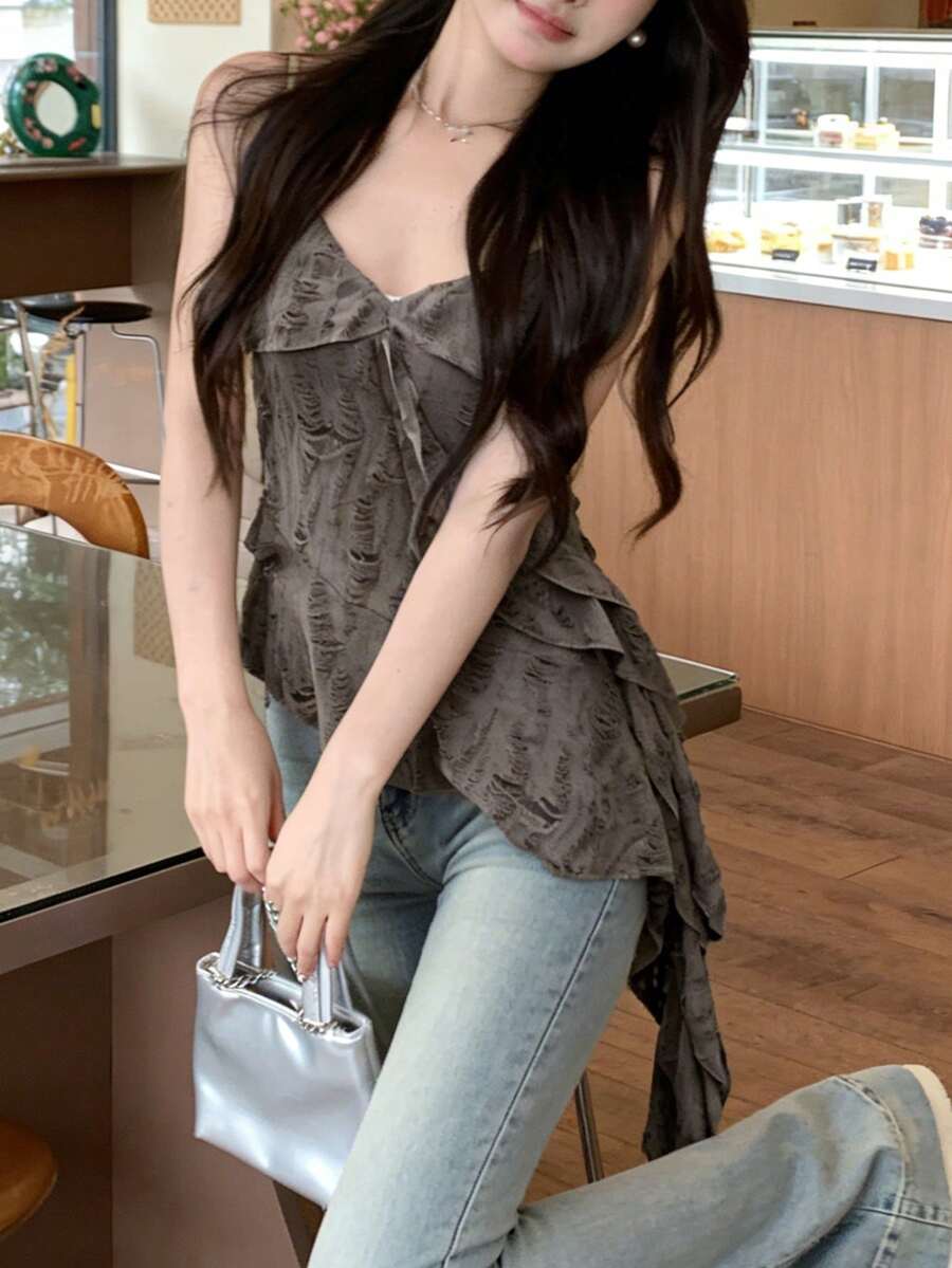 Áo tank top hai dây kiểu vintage bất đối xứng, xếp nếp, phối nhiều mảnh vải, rách rưới, dành cho nữ, thiết kế mùa hè, phong cách thường ngày.
