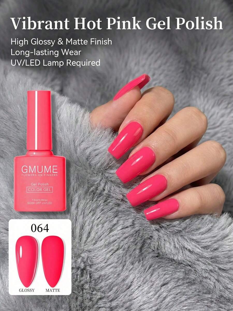 Sơn móng tay dạng gel GMUME số 064, màu hồng neon rực rỡ, hồng tươi sáng, sơn nghệ thuật móng tay UV LED có thể tháo gỡ, 7.5ml, thích hợp cho bộ móng mùa hè.