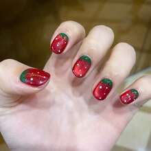 10Pcs Sweet And Cute Red Strawberry Nail Art Fruit Fake Nails Shiny Cat's Eye Short Spring And Summer Retro Hand Painted Nail Pieces Birthday Wedding Graduation Ceremony Decoration Removable Fake Nails - Kỷ nguyên - Xem 1