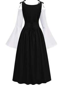 文艺复兴时期中世纪女式吊带露肩喇叭袖连衣裙，适合角色扮演活动和主题派对，面料略有弹性。 - 黑色 - 查看 14