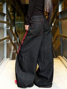 1件装女士复古日系街头风刺绣筒状宽松舒适阔腿牛仔裤，四季皆宜（不含腰带/配饰）休闲黑色春季款 - 黑色 - 查看 2