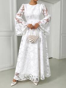 女士提花休闲派对连衣裙，白色婚礼宾客礼服，阿拉伯风格连衣裙，情人节连衣裙，优雅派对连衣裙，生日连衣裙，度假装，春假装 - 白色 - 查看 4