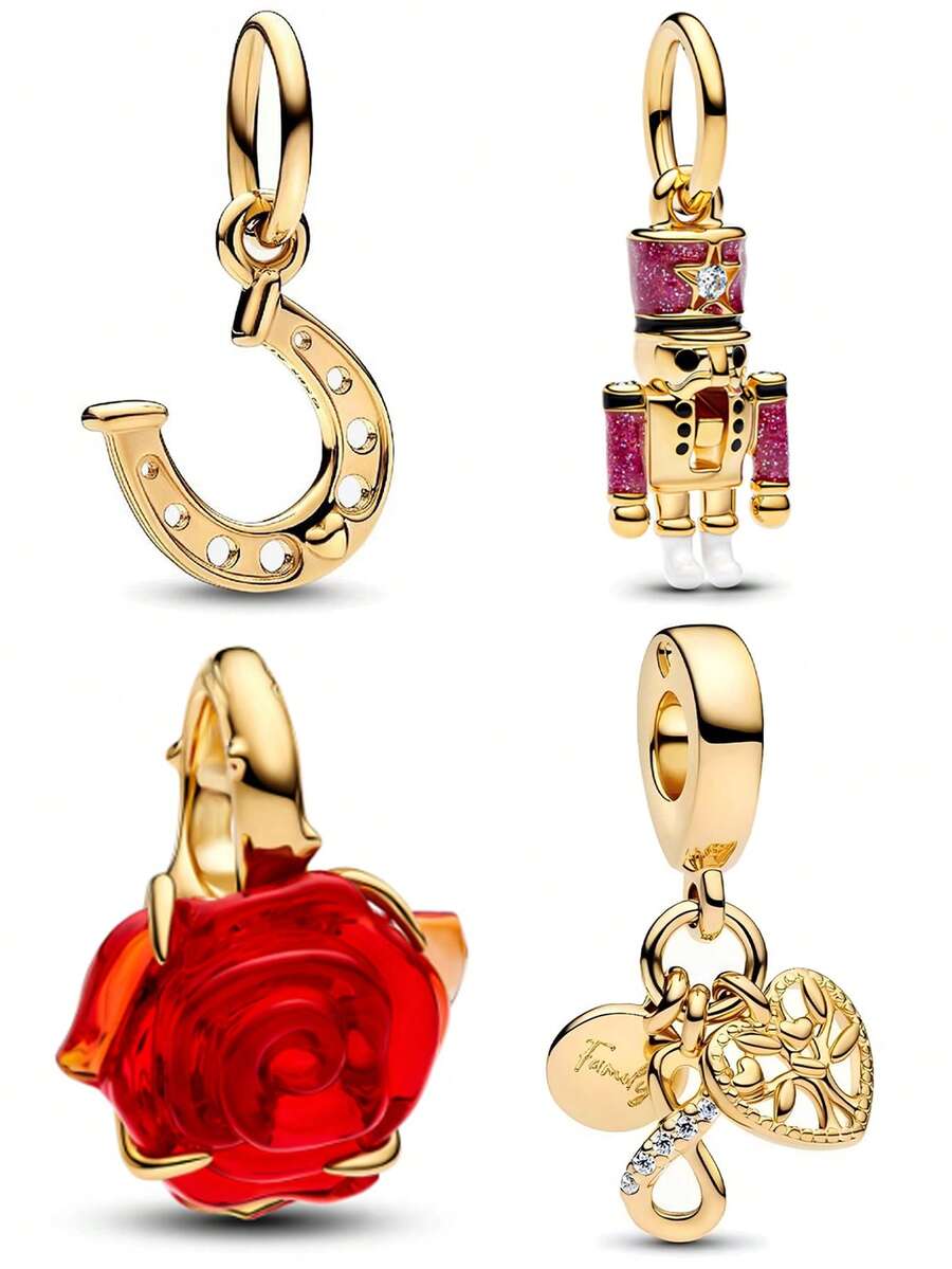 1pc Fashionable Delicate Gold Series Horse Shoe, Nutcracker, Red Rose, Family Bead Pendant Versatile DIY Bracelet Necklace Gift - Yellow Gold - View 1