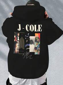 Men Graphic Hoodie, J - Cole Print, Cotton, Comfortable Streetwear, Long Sleeve, Fall Clothes - 黑色 - 查看 1