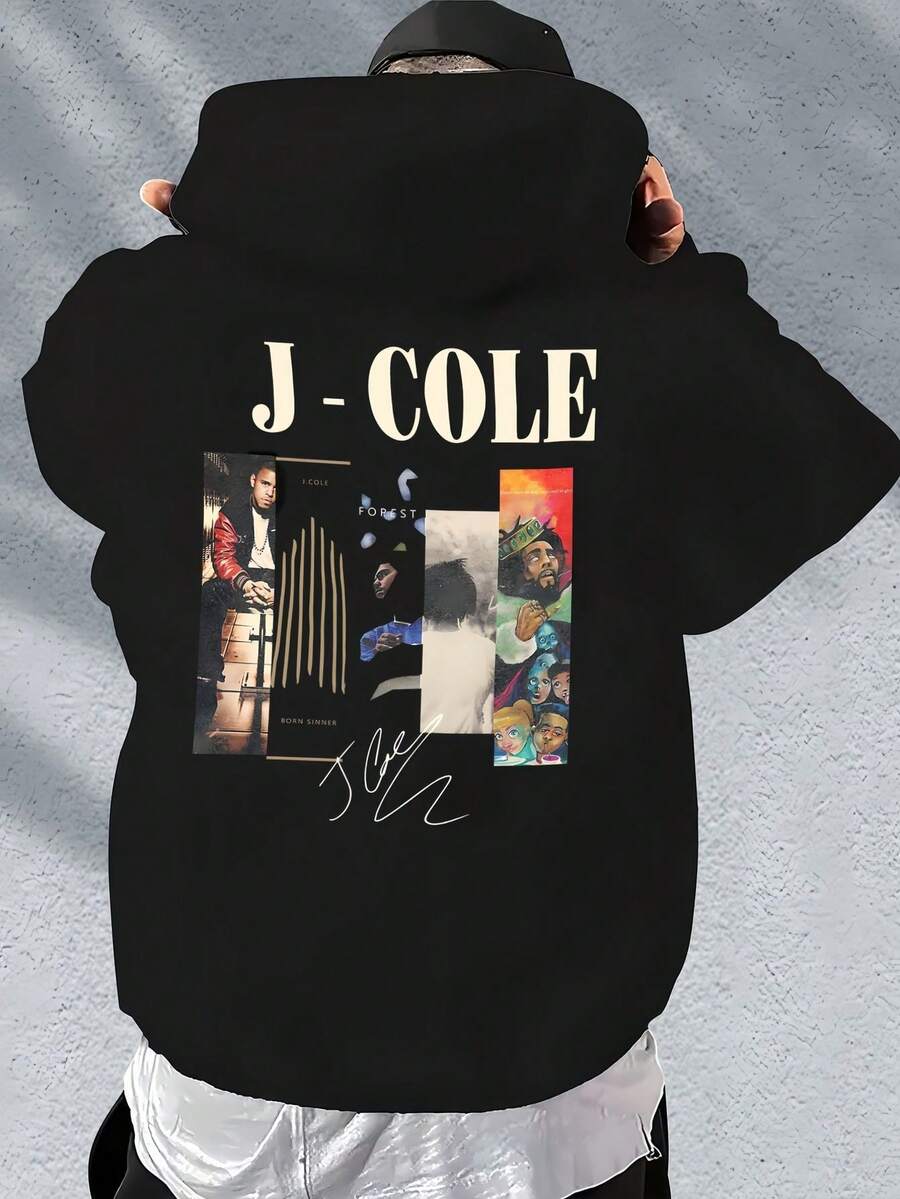 Men Graphic Hoodie, J - Cole Print, Cotton, Comfortable Streetwear, Long Sleeve, Fall Clothes - 黑色 - 查看 1