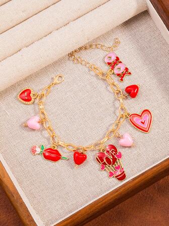 1 pieza Brazalete con colgante de globo de amor, flor de rosa y corazón, diseño único, sin caja de regalo