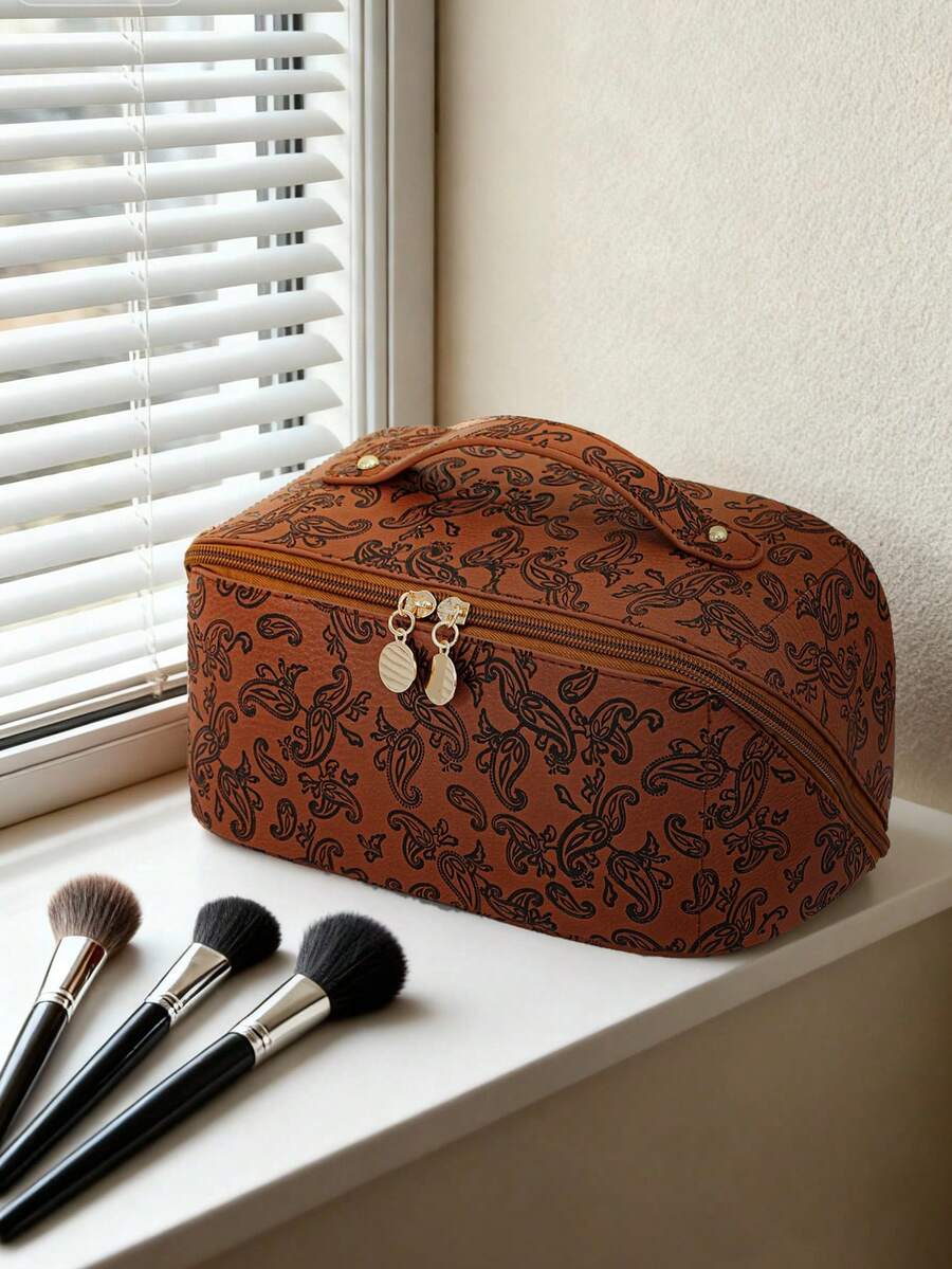 1 PC Dark Brown Paisley Handbag With A Sophisticated Feel Make Up Bag,Fashionable And Casual Large Capacity Portable Zipper Makeup Bags,Travel And Vacation Essentials Cosmetic Bags For Sanitary Napkins,Pouch Pads,Wired Earphones - 亮橙色 - 查看 1
