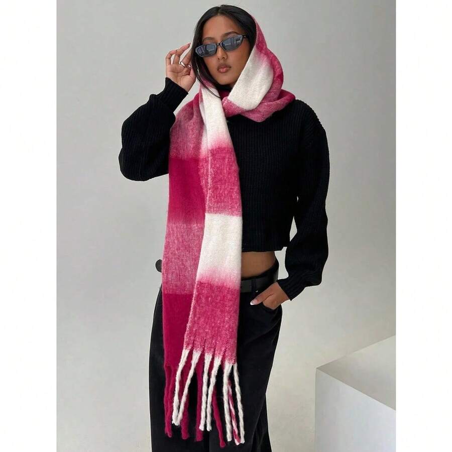 1pc Leopard Print Autumn/Winter Fashion Striped Plaid Fleece Warm Women Boucle Deep Brown Wool Thick Scarf, Warm Acrylic Scarf Like Cashmere, Bohemian Casual Windproof Couple Shawl, Comfortable Blanket Scarf, Suitable For Daily Wear For Dress - Rose Pink - 查看 1