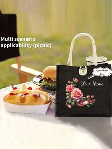 Linen Floral Tote Bag, Customizable Name Logo Tote Bag, Minimalist Large Capacity Tote Bag, Portable Casual Storage Tote Bag, Multifunctional Shopping Bag, Personalized Gift Bag, Suitable For Weddings, Birthdays, Beaches, Holidays And Other Occasions, Perfect Gift For Women, Teachers, Friends, Bridesmaids, Students And Back To School Season, Also The Best Gift For Teachers On Teacher's Day - Multicolor - View 7