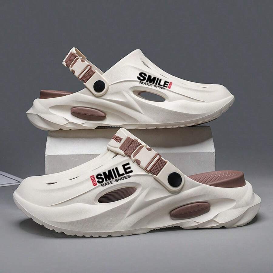 男士时尚新款字母设计前卫度假运动EVA（乙烯-醋酸乙烯酯共聚物）搭扣情侣透气凉鞋，户外室内沙滩度假春夏高级柔软防滑防臭花园鞋