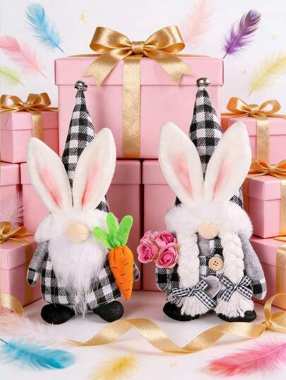 Classic Easter Gnome Decor, Long Leg Bunny Ear Easter Gnome With Carrot And Fresh Flowers, Gift For Wife And Mother, Swedish Rabbit Desktop Decoration Multi-Tier Tray, Easter Bunny Decor, Easter Desktop Decor, Office Desk Accessory, Spring Fireplace Mantel Decoration