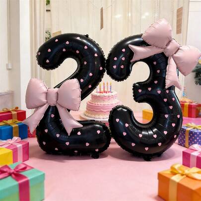 Bộ bóng bay số (0-9) màu đen 40 inch bao gồm 1 bóng bay hình nơ màu hồng, 2 nhãn dán hình trái tim và 1 keo dán bóng bay, thích hợp cho các bữa tiệc sinh nhật, đám cưới, kỷ niệm, Ngày Valentine, Ngày của Mẹ và các bữa tiệc trang trí theo chủ đề sinh nhật.