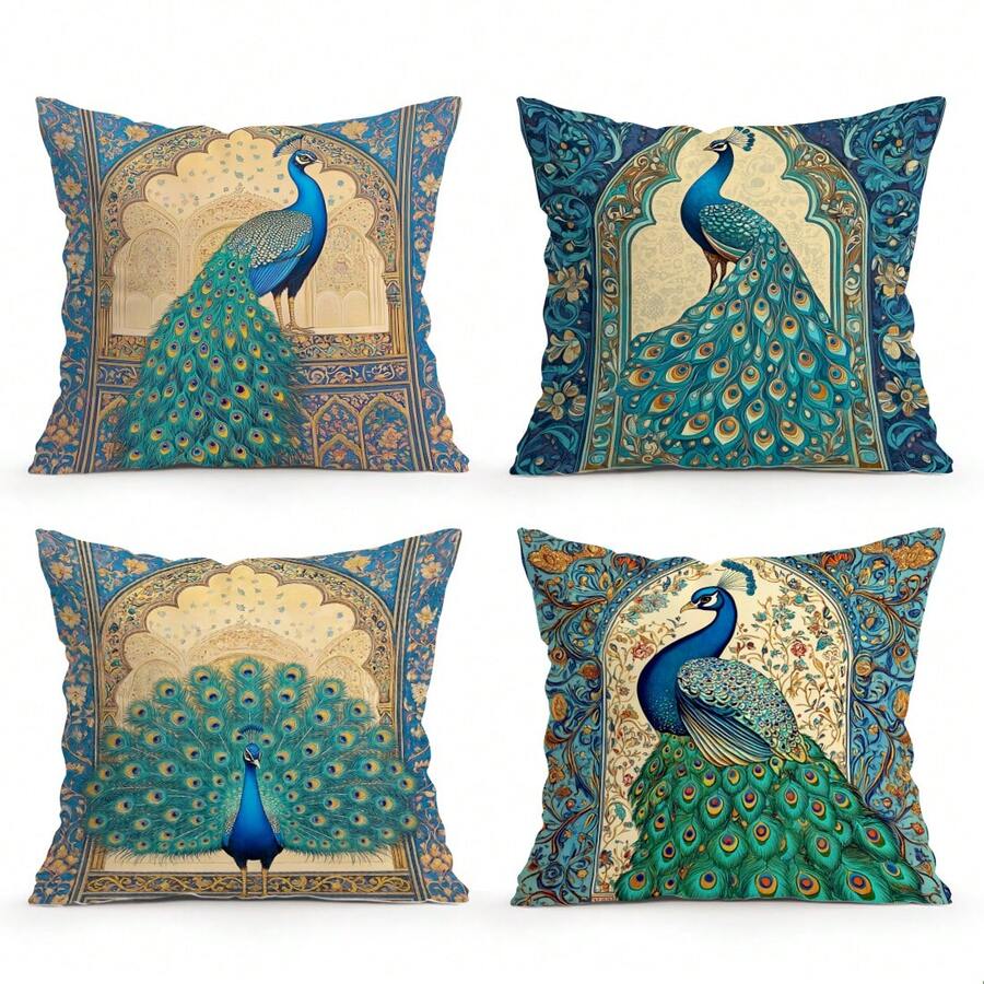 4件套孔雀印花抱枕套，单面装饰靠垫套，适用于客厅、卧室家居装饰，四季皆宜 - 不含枕芯 - 彩色 - 查看 1