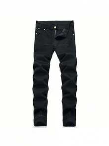 Nueva llegada de jeans para hombres, estilo urbano, negros, bordados, elásticos, ajustados, rectos, pantalones de mezclilla para adolescentes con bordado de letras, moda cómoda y elegante, ropa casual. - Negro - Ver 1