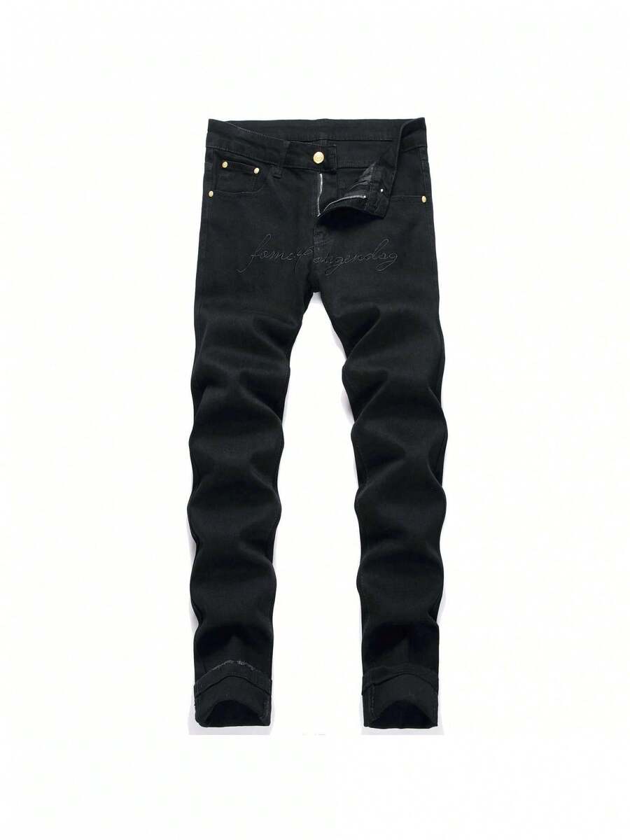 Nueva llegada de jeans para hombres, estilo urbano, negros, bordados, elásticos, ajustados, rectos, pantalones de mezclilla para adolescentes con bordado de letras, moda cómoda y elegante, ropa casual. - Negro - Ver 1