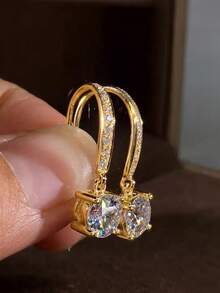 3对优雅奢华简约铜质微镶嵌立方氧化锆独特几何心形耳钉套装，时尚派对、日常佩戴，女士礼物，情人节礼物 - 金黃色 - 查看 4