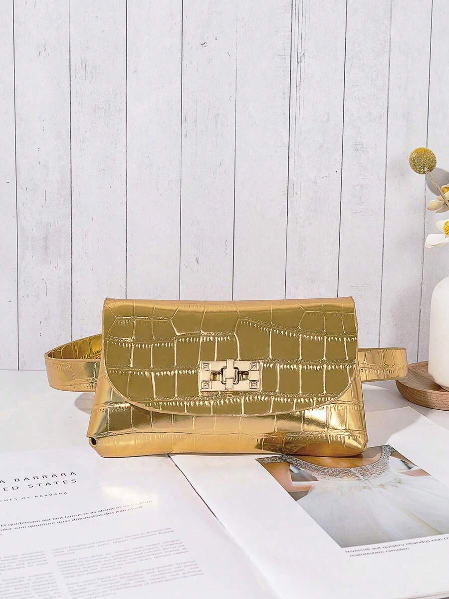 Mini Diamond Embossed Buckle Leather Waist Bag - Gold - View 1