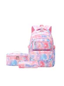 3件套可爱星形印花背包套装，学院风牛津布背包，大容量轻便旅行包，可调节肩带，涤纶内衬，包含手提包和笔袋，多口袋设计，适合通勤、日常使用，返校礼物