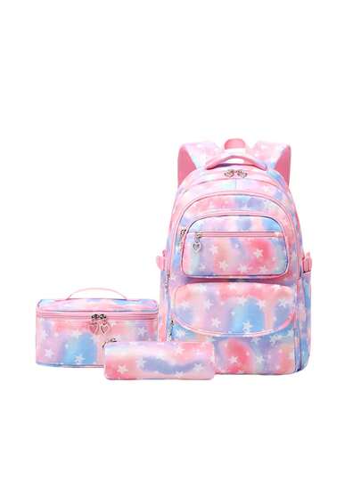 3件套可爱星形印花背包套装，学院风牛津布背包，大容量轻便旅行包，可调节肩带，涤纶内衬，包含手提包和笔袋，多口袋设计，适合通勤、日常使用，返校礼物