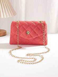1pc Girls Quilted Casual Fashion Flap Chain Crossbody Bag, Small Shoulder Bag, Suitable For Daily Use, Vacation, And Ideal Gift - Watermelon Pink - View 1