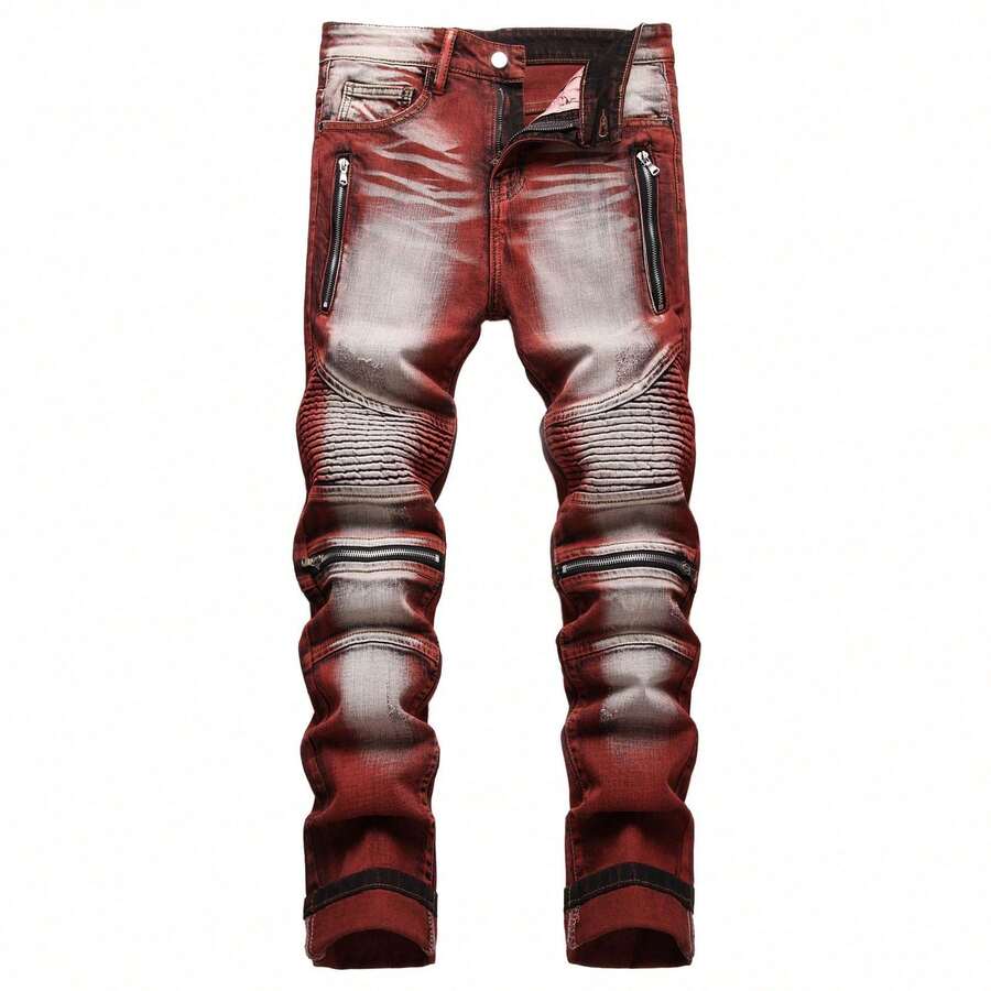 Jeans Elásticos para Hombres Estilo Motociclista - Decoración con Cremallera, Teñido, Slim Fit, Lavado Vintage y Desgastado, Prenda Casual Trendy de Calidad Superior - Burdeos - Ver 1