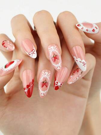 24pcs Medium Length Nail Stickers, Countryside Style Strawberry & Pearl Design, Cute & Retro Elegant Nail Extensions, Detachable With 1 Nail File & 1 Jelly Gel