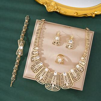 Juego de joyería de boda elegante para mujer, set de 5 piezas: collar de piedras preciosas degradado chapado en oro, pulsera de lazo, aretes de corona, anillo ajustable, joyería de lujo para fiestas