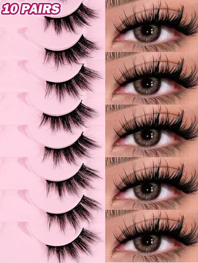 MAANGE 10 Pairs Eid Mubarak Natural Look Cat Eye False Eyelashes, Manga Eyelashes With Clear Band, Short Soft 3D Faux Mink Eyelashes, Wispy Fluffy Faux Mink Lashes, Eyelash Extension Tool, Strip Lashes