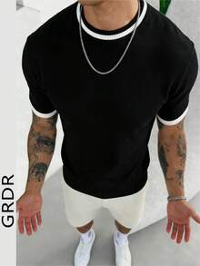 Camiseta de punto de cuello redondo de rayas para hombre GRDR - Casual, minimalista, versátil para uso diario - Negro - Ver 1