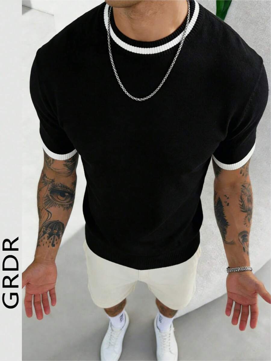 Camiseta de punto de cuello redondo de rayas para hombre GRDR - Casual, minimalista, versátil para uso diario - Negro - Ver 1