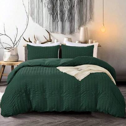 Emerald Green Classic Seersucker Bedding Set For Teens Adults | Soft Breathable Microfiber Duvet Cover With 2 Pillowcases, Double Size 200 X 200cm, Vintage Style, Hand Wash Only