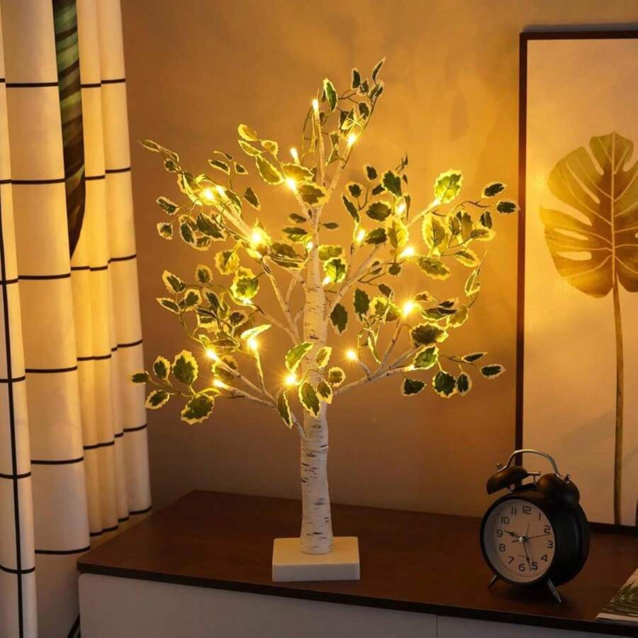 NXUEBDU Lighted Birch Trees With Green Leaves For Indoor Decor, 2ft Light Up Tree Lamp With Timer, Fairy Light Spirit Tree For Christmas, Office, Wedding, Home Decorations, USB_Battery Powered - MàuB - Xem 1